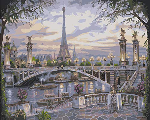 YEESAM ART DIY Ölgemälde Malen nach Zahlen Erwachsene Kinder, Paris Eiffelturm Fluss Nachtansicht Zahlenmalerei ab 5 Öl Wandkunst (Eiffelturm, ohne Rahmen)