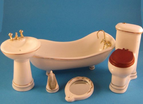 Badezimmer weiss/gold farben Porzellan Ausstattung 5 Teile Puppenmöbel 1:12