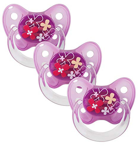dentistar Latex Schnuller 3er-Set - Größe 3, ab 14 Monate - Zahnfreundlicher Naturkautschuk Nuckel mit Dentalstufe – BPA-frei - Made in Germany - Blumen, Lila