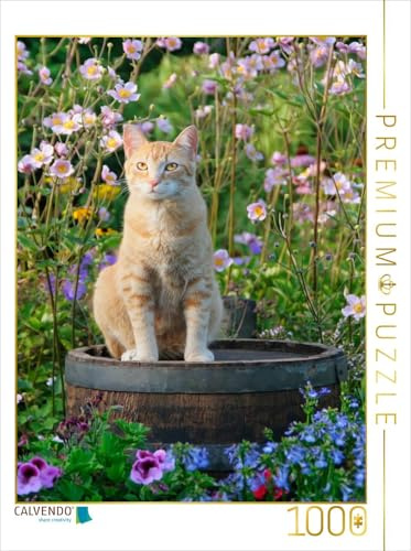 CALVENDO Puzzle Rote Katze auf Holzfass im blühenden Garten | 1000 Teile Lege-Größe 48 x 64 cm Foto-Puzzle für glückliche Stunden
