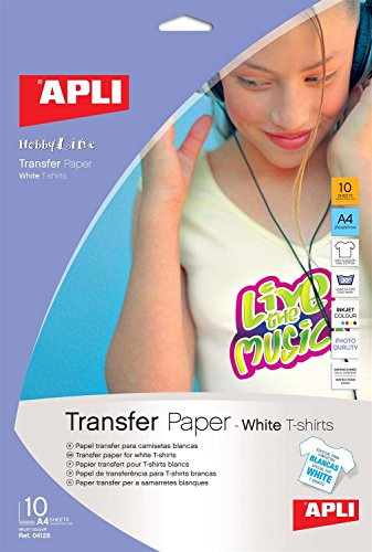 APLI 4128 - Papier transfert vêtement blanc - 10 Feuilles A4 - Compatible avec les imprimantes Ink Jet
