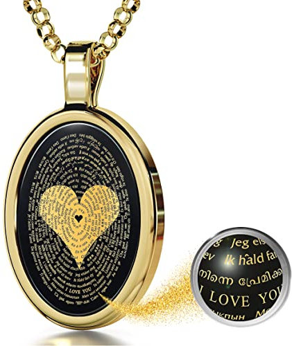 Romantischer Goldschmuck für SIE - Gold-Halskette mit Anhänger Ich liebe dich in 120 Sprachen, 14-Karat Gold auf Onyx-Edelstein - Geschenkidee Geburtstag, Weihnachten, Jahrestag, Valentinstag
