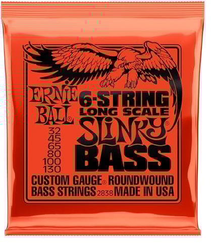 Ernie Ball, Slinky Long Scale accordatura al nickel, Corde per basso elettrico a scala lunga a 6 corde, diametro 32-130