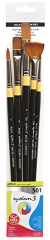 Daler-Rowney System3 Acrylic Brush, Stiff Synthetic Hair, Long Handle, Round, Flat, Fan and Bright, Polybag, Set 501, 5 Assorted Brushes
