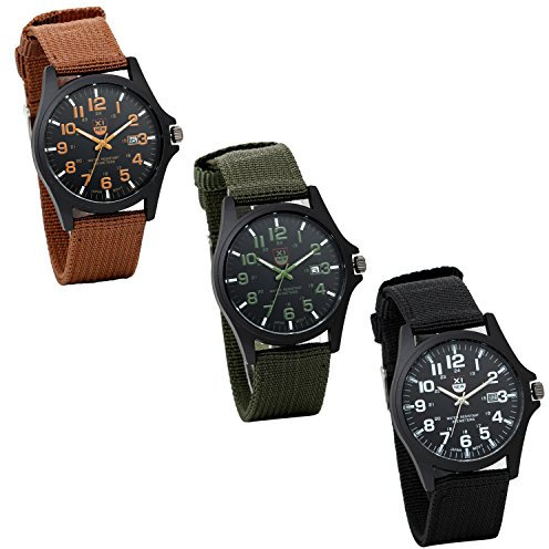 JewelryWe Herrenuhr Nylon Militär Uhr: 3pcs 12/24H Analog Quarz Armbanduhr Herren Canvas Stoff Textil Armband Taktische Outdoor Uhr Felduhr mit großen Zahlen