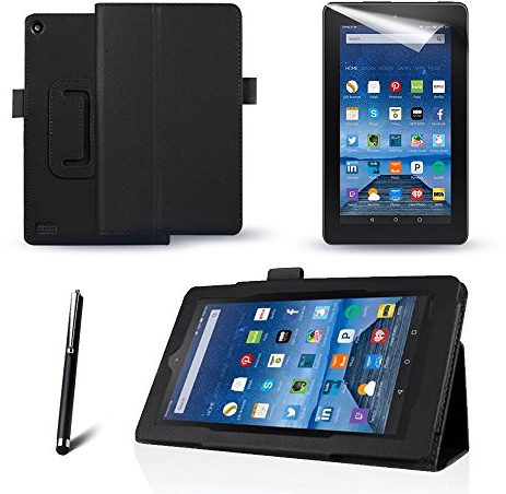 MOFRED® New Amazon (Kindle) Fire 7 Black Case - Slim Fit Folio Premium Leather Standing Case for the Amazon Fire 7 inch Display Tablet (5th Generation)