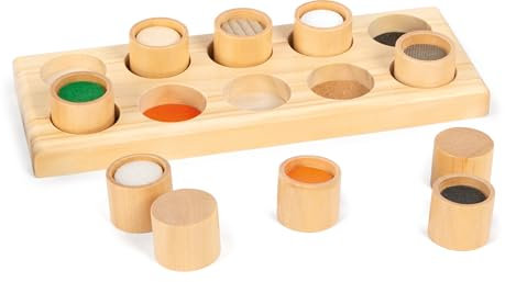 small foot Fühlmemo aus Holz, Sinnesspiel mit zehn hochwertigen Holzdosen und einem Holzbrett, ab 3 Jahren, 2064
