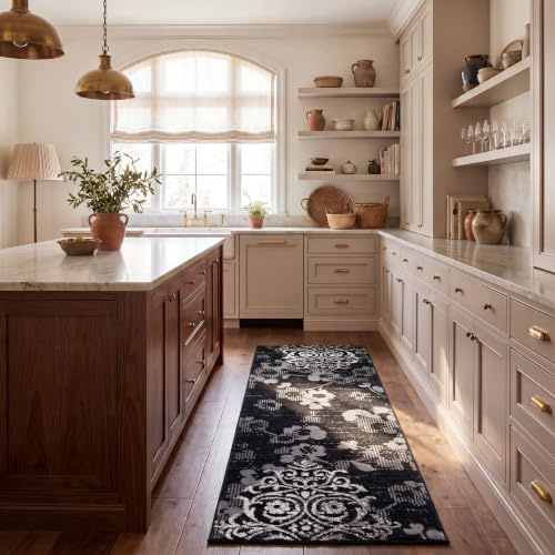 SAFAVIEH Adirondack Collection Runner Rug - 2'6 x 8', Black & Silver, Floral Glam Damask Distressed Design, Non-Shedding & Easy Care, Ideal for High Traffic Areas in Living Room, Bedroom (ADR114A)