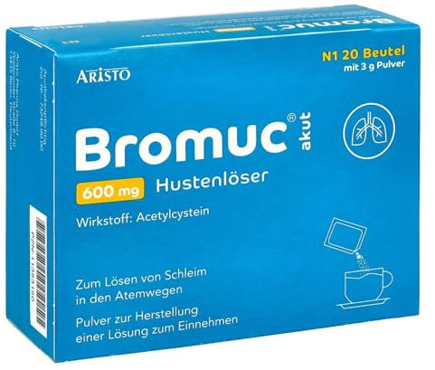 Bromuc akut 600 mg Hustenlöser 20 Beutel - Verflüssigt zähen Schleim und erleichtert das Abhusten bei Atemwegserkrankungen - Schnelle Hilfe für Erwachsene und Jugendliche ab 14 Jahren