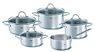 Fissler Paris Juego de ollas de acero inoxidable, 5 piezas, 3 ollas y 1 cacerola con tapa de cristal, 1 cazo sin tapa, aptas para todo tipo de placas, inducción