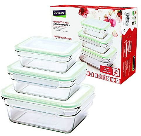 Glasslock (GL-529, 1x 480ml, 1x 970ml, 1x 1730ml) Rechteckige Frischhaltedose aus Glas - ofengeeignet