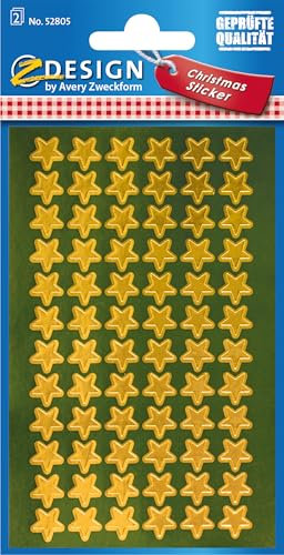 AVERY Zweckform 144 Aufkleber Weihnachten Sterne gold (Made in Germany, Weihnachtssticker Glanzpapier, selbstklebende Weihnachtsdeko für Karten, Geschenke, Tüten) 2 Bogen/je 72 Sternsticker, 52805