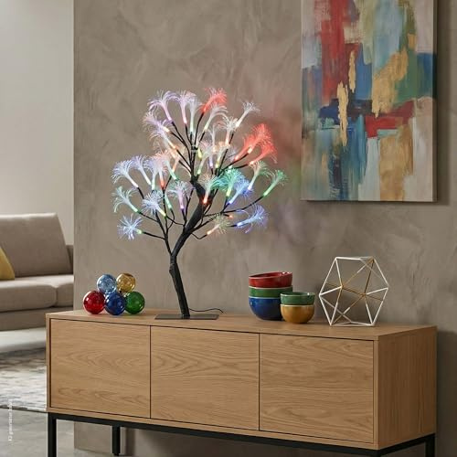 hellum LED Baum mit bunten Fiberglasblüten, 40 RGB Lichter, Lichterbaum mit Trafo und 3m Zuleitung für innen, LED Baum mit Farbwechsel, 45cm hoch, schwarzes Kabel 5769276