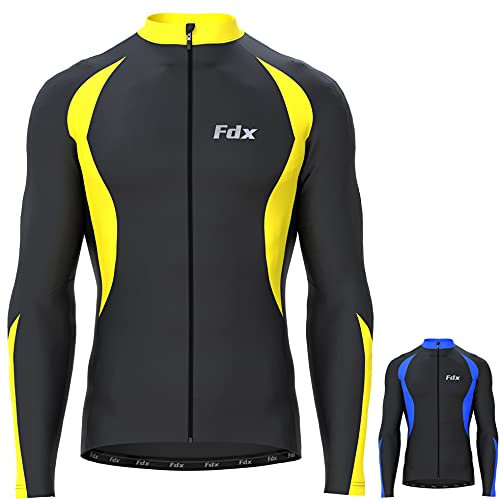 FDX Men’s Thermal Cycling Jersey, Water Resistant, Lightweight, Super Roubaix Fabric, Windproof Winter Cycle Top, Full Zipper, Long Sleeve Bicycle Riding Shirt, Running, Bike (Black/Yellow, Medium)
