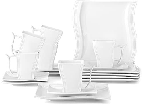 MALACASA, Serie Flora, Servizio da Tavola in Porcellana da 18 Pezzi con Set di 6 Pezzi Piattini a 6 Pezzi e Piatti da Dessert a 6 Pezzi Bianco