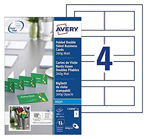 Avery Quick&Clean C32058-25 Faltvisitenkarten, für Tintenstrahldrucker, 260 g/m², 170 x 54 mm, Mattweiß, 100 Karten, 170 x 54 mm