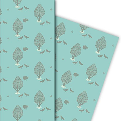 Designer Geschenkpapier Set (4 Bogen), Dekorpapier Bäumen und Tauben für Geschenkverpackung & Überraschungen zur Geburt, Ostern, Geburtstag, Hochzeit, Weihnachten 32 x 48cm, türkis grau