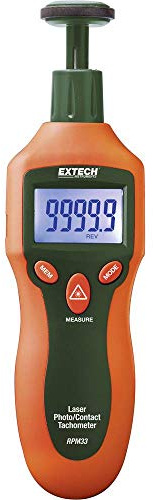 Extech RPM33 Combination Contact/Laser Photo Tachometer - Digital Handheld Meter for RPM, Surface Speed, and Length - 2 to 99,999 RPM, 0.05% Accuracy, Backlit LCD Display, Memory, Case Included