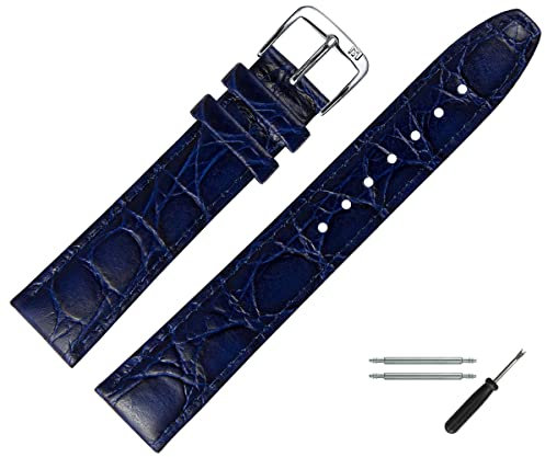 MARBURGER Uhrenarmband 18mm Leder Blau Silber Kroko (Caiman) Prägung Mit Naht - Montage Set 5291850000120