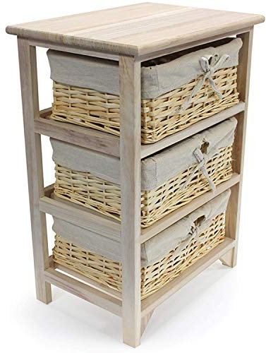 Gr8 Home 3 Tier Drawer Wooden Storage Cabinet with Wicker Baskets Bedroom Bedside Unit Furniture