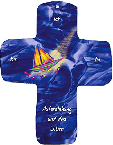 metALUm Premium-Kreuz aus Holz Ich bin die Auferstehung und das Leben; zum Aufhängen - ein außergewöhnliches christliches Geschenk mit Taube und Regenbogen in intensiven Farben