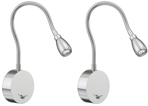 ledscom.de 2 Stück LED Leselampe/Wandleuchte HAN, Schwanenhals, Schalter, chrom glänzend, warmweiß