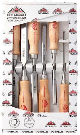 Stubai Stemmeisensatz Stemmeisensatz mit Holzheft aus Rotbuche 6-tlg. 6/10/14/18/22/26mm | Extra lange Klingen aus Werkzeugstahl | Präzise geschliffen, langlebig, robust, Profiqualität für Holzbearbei
