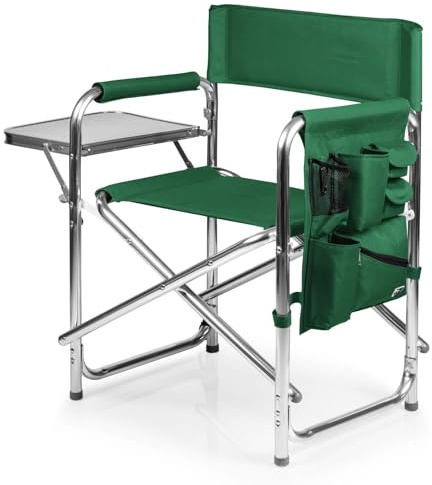 PICNIC TIME Sports Chair with Side Table and Armrest Caddy, Lightweight Aluminum Folding Outdoor Camping Chair for Adults, Portable Director Style Lawn Seating with Pockets & Strap, (Hunter Green)