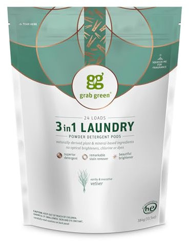 Grab Green Natürliches Waschmittel, 3 in 1, Tabs, Vetivergras,für 24 Wäschen
