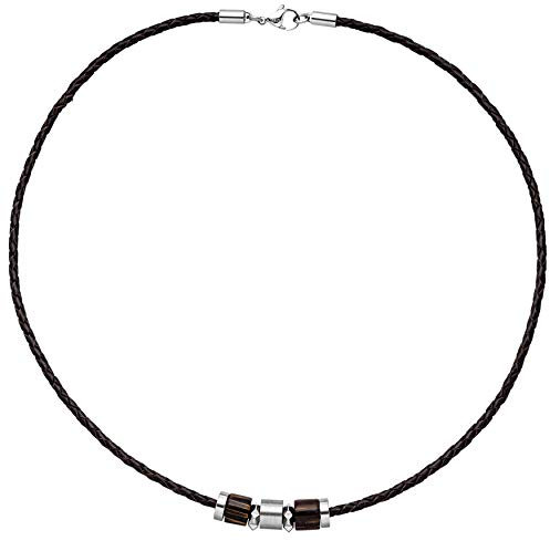 Jobo Herren Collier Halskette Leder schwarz mit Edelstahl und Holz 45 cm Kette Lederkette
