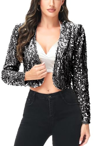 Anna-Kaci Pailletten Metallic Retro Disco Geerntetes Langarm Bolero Jacke, M, Schwarz&Silber
