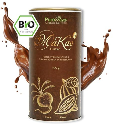 MaKao Classic Kakao Maca Lucuma Carob (Bio Roh Vegan) Trinkschokolade ohne Zucker Kaffeeersatz Heiße Schokolade Schokomilch Superfood Getränkepulver - Hot Chocolate Cacao Drink Powder | PureRaw 190g