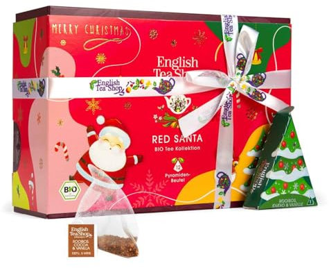 ETS - Teegeschenk mit Schleife Red Santa Christmas | BIO Wintertee Set | Geschenk Weihnachten Wichtelgeschenk Weihnachtsdeko | 12 Pyramidenbeutel