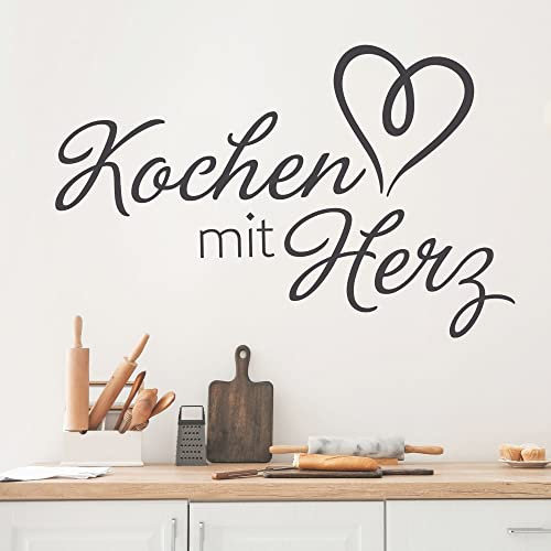 GRAZDesign Wandtattoo Küche Sprüche | Kochen mit Herz | Wandsticker Sticker Esszimmer Wanddeko Coffee Wandaufkleber, Küchenrückwand Küchen Deko Aufkleber selbstklebend, 47x30cm, 070 schwarz