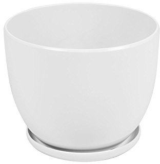 Pot de Fleur ceramique Baril avec Support Soucoupe Hauteur 15 cm diametre 19 cm Blanc