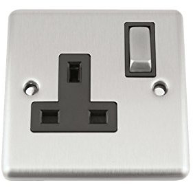 A5 Socket Single 1 Gang Satin Brushed Chrome Classic - Black Insert - Metal Rocker Switches