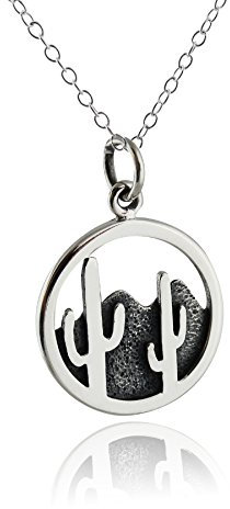 FashionJunkie4Life Halskette mit Anhänger Wüstenkaktus und Berge aus Sterlingsilber, 45,7 cm lange Kabelkette, Metall, Metall