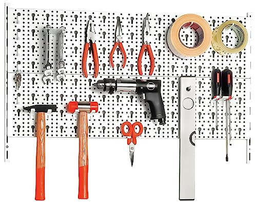 DIY Element System HEIMWERKER ORGANIZER 1 – Metall-Werkzeugwand mit verschiedenen Halterungen, ideal für Heimwerkstatt – 2 Stahl-Lochplatten 800 x 200 mm, weiß