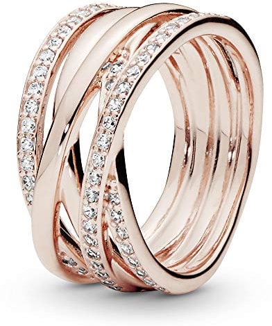 PANDORA Sparkling & Polished Lines Ring in Roségold mit 14 Karat rosévergoldete Metalllegierung und Cubic Zirkonia Timeless Collection, Größe 58