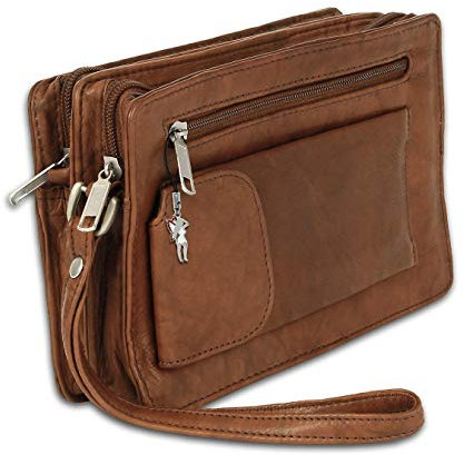 LEDER HANDGELENKTASCHE HERRENTASCHE LEDERTASCHE DOPPELKAMMER TAN