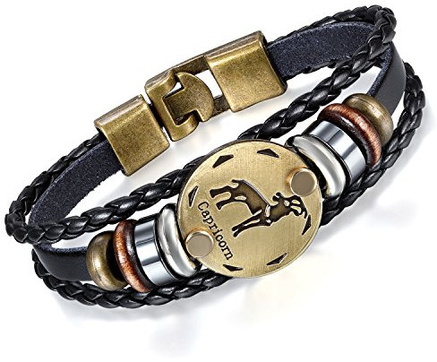 Flongo Lederarmband Horoskop Armband Damen Armkette Herren Armreif, Leder-Armband Armreif Manschette Manschettenknopf Schwarz Gold Golden Horoskop Tierkreis Sternzeichen Sternbild Steinbock