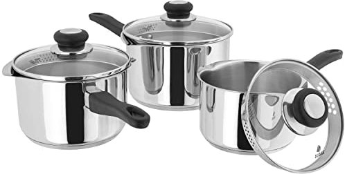 Judge Vista Draining Set of 3 Stainless Steel Pans, 16cm, 18cm & 20cm Saucepans with Pouring Lip and Strainer Lids, Induction Ready, Oven Safe