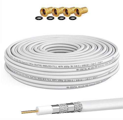 HB-DIGITAL 15m Cable Coaxial HQ-135 Cable de Antena 135dB Cable SAT 8K 4K UHD 4 Veces Apantallado Para Sistemas DVB-S / S2 DVB-C / C2 DVB-T / T2 DAB+ Radio BK + 4 F-Plug GRATIS