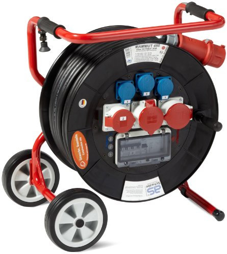 as - Schwabe Mammut Kabeltrommel 40m H07RN-F 5G6 mit CEE Stecker 400V/32A, 3x Schutzkontaktsteckdosen 230V/16A, 1x CEE Steckdose 400V/16A 2x 400V/32A, FI und LS Schalter, Fahrgestell, IP44, 26203