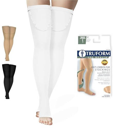 Truform Anti Embolism Stockings, Thigh High Post Surgery Recovery Hospital Style, 18 mmHg Compression for Men and Women, Full Length Ted Hose, Open Toe, White, Large