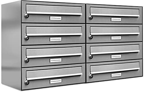 AL Briefkastensysteme 8er Briefkastenanlage, V2A Edelstahl, Premium Briefkasten DIN A4, 8 Fach Postkasten modern Aufputz