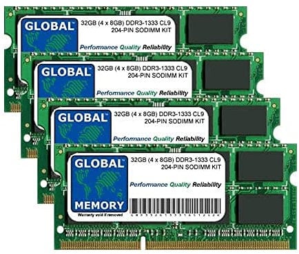 32GB (4 x 8GB) DDR3 1333MHz PC3-10600 204-PIN SODIMM MEMORY RAM KIT COMPATIBLE WITH INTEL IMAC i5/i7 (MID 2010) & INTEL IMAC i3/i5/i7 (MID 2011)