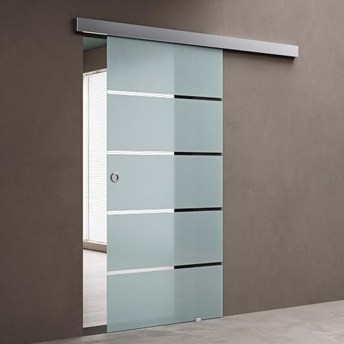 doporro Glasschiebetür Komplettset Softclose 77,5 x 205 cm | 15mm Wandabstand | Schiebetür mit ESG-Sicherheitsglas | Zimmertür Glas mit 5-Milchglas-Streifen mit Muschelgriff | Amalfi-plus 11