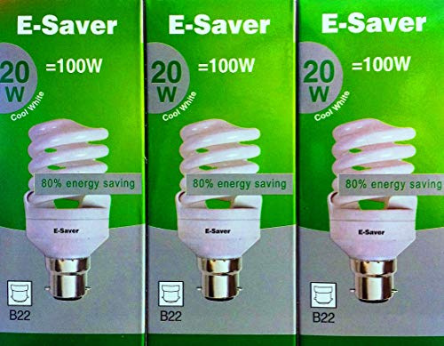 E-Saver - CFL Full Spiral - Energy Saving Light Bulbs - 20w = 100 Watt - (Pack of 3) - 4200k Cool White Light Bulbs - Bayonet Light Bulb (BC- B22- B22d)