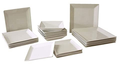 VAJILLA 24 PIEZAS 6 PERSONAS PLATOS BAJOPLATO LLANO HONDO POSTRE CUADRADA PORCELANA BLANCO
